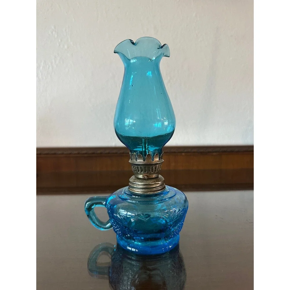 Vtg Blue Glass Miniature Oil Lamp Grape Apple Pattern Finger Lamp Hong Kong 8''